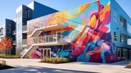 Naklejka premium Urban Expression: Vibrant Mural Wall Amidst Modern Cityscape, Highlighting Blue Skies and Architecture