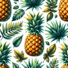 seamless pattern with pineapple.  fruit, food, isolated, tropical, fresh, healthy, white, sweet, ripe, juicy, green, diet, ananas, exotic, yellow, dessert, object ,Ai generated 