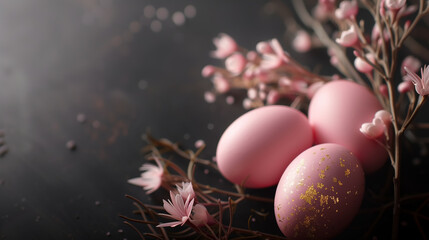 Fototapeta na wymiar Easter card. Glossy soft pink painted eggs with golden decor and flower branches on dark background