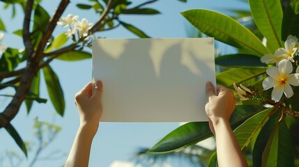 Hands holding a blank white piece of paper.