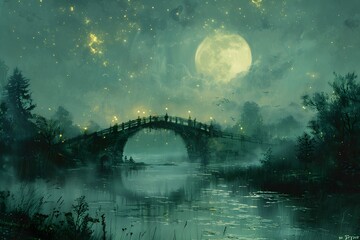 bridge with starlight - obrazy, fototapety, plakaty