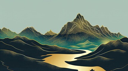 Modern, thousands of miles of rivers and mountains, minimalist, golden outline