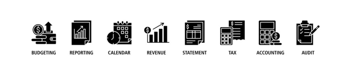 Fiscal year banner web icon set vector illustration concept with icon of budgeting, reporting, calendar, revenue, statement, tax, accounting, audit