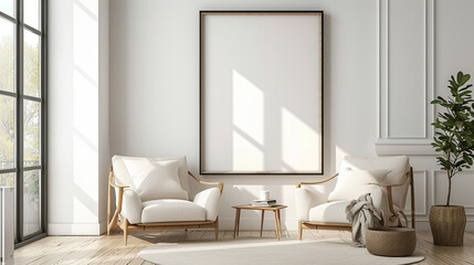 Modern Scandinavian Style Interior Design of Living Room Featuring Two Plush Armchairs and a Large Poster Frame against a Pristine White Wall, Created with Generative AI