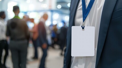 Professional at Networking Event with Blank Name Tag. Close-up of a professional in a suit at a networking event, featuring a blank name tag ready for personalization.