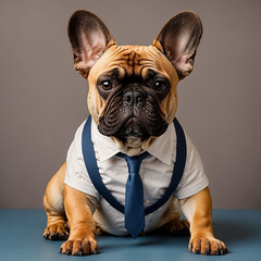 A French bulldog is sitting in a white shirt and tie