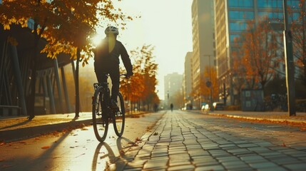Urban Cyclist on Autumn Morning Commute. A cyclist rides along a city path lined with golden autumn leaves, with the morning sun casting a warm glow on the surroundings.