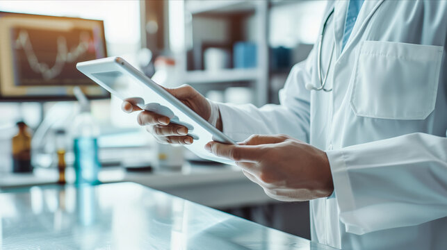 A doctor in a white lab coat is seen holding a tablet device in a laboratory setting, possibly reviewing medical records or research data.