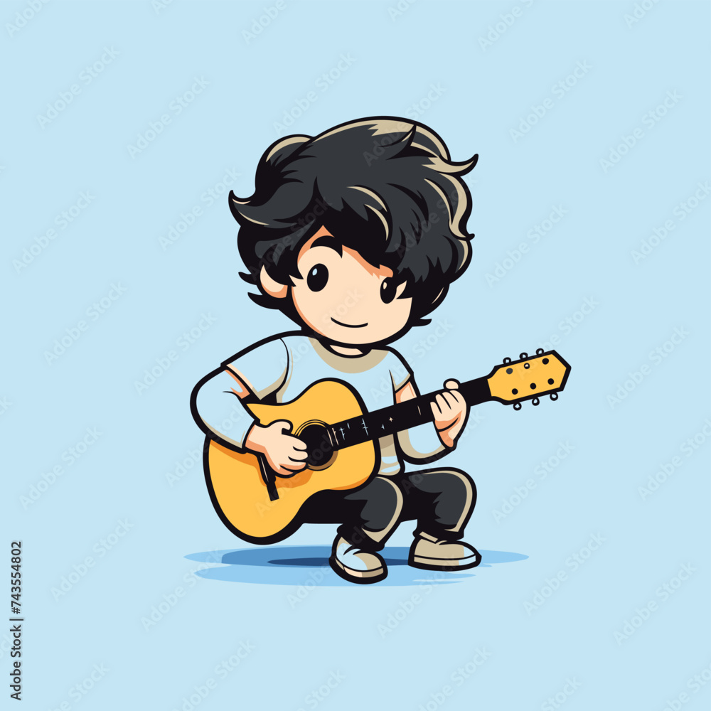 Poster cartoon boy playing guitar. vector illustration of a boy playing guitar.