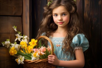 Girl in a pretty dress holding a bouquet of spring flowers, with a charming Easter basket by her side, against a rustic wooden backdrop, capturing the essence of springtime and renewal.