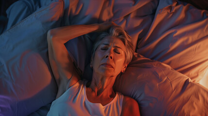 An old woman with signs of menopause laying in bed, resting her head on the pillow, in a bedroom setting.