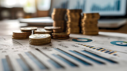 Stacked gold coins illuminate on a blurred charts about financials as a background. Concept of business ideas and design for business finance, inflation, and investment