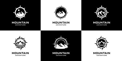 Set of mountain compass logo design template.