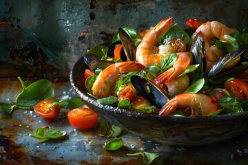 Seafood shrimp salad with mixed greens, juicy tomatoes, and a tangy dressing, served on a rustic plate for a fresh and healthy meal.