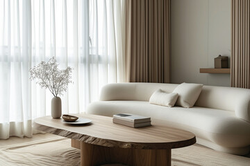 Minimalist Japandi home interior design featuring stylish curved sofa and wooden coffee table. Warm, inviting living room near a window dressed with beige curtains absorbing the natural light