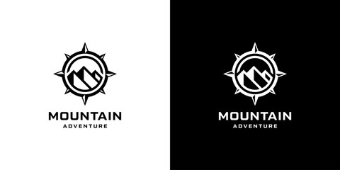 Mountain and compass logo vector. Symbol for travel adventure outdoor logo design inspiration - obrazy, fototapety, plakaty