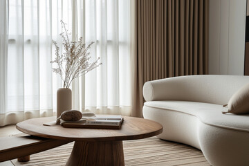 Minimalist Japandi home interior design featuring stylish curved sofa and wooden coffee table. Warm, inviting living room near a window dressed with beige curtains absorbing the natural light