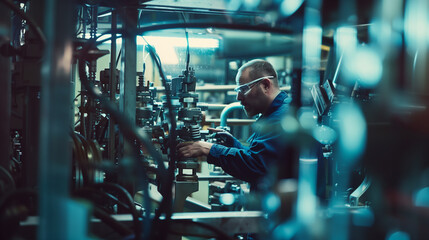 Mechanical Engineer Performing Maintenance on Machinery in Industrial Facility at Night - obrazy, fototapety, plakaty