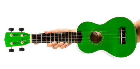 Hand holding ukulele on white background, Female hands holding green ukulele isolate on white with...