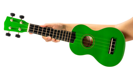 Hand holding ukulele on white background, Female hands holding green ukulele isolate on white with...
