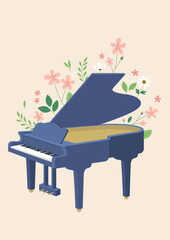 Grand piano and flowers illustration.