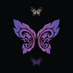 Abstract, Elegant, Simple, Gradient Violet Colored Ornamental Butterfly Tattoo Silhouette Line Art Design Ilustration