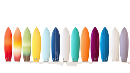 Colored surfboards isolated on transparent and white background.PNG image