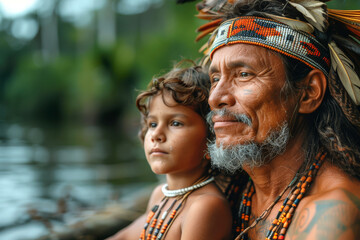 Amazon tribe. Portrait of a father with his son in the jungle.