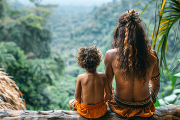 Amazon tribe. Portrait of a mother with her son in the jungle.