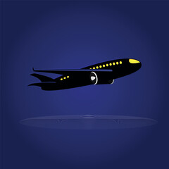 The plane flies in the night sky. The plane flies against the background of night