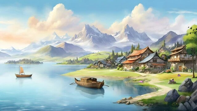 Beautiful nature beach landscape animated background .Beach with palm trees, cloud, boat, cottage seamless looping video animation background.