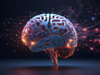 representation of AI and machine learning, showing a digital brain in a network of connections. The brain is composed of countless, luminous neural networks, pulsating with energy. 