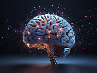 representation of AI and machine learning, showing a digital brain in a network of connections. The brain is composed of countless, luminous neural networks, pulsating with energy. 