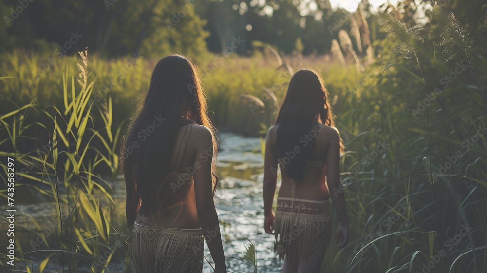 Wall mural indigenous communities, two indigenous women walking along a river at sunset