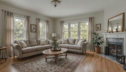 Front view of a modern living room with white molding and light brown. Generated AI prompt Leave the house.
