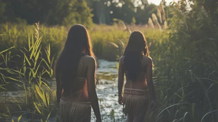 Poster Indigenous communities, two indigenous women walking along a river at sunset © Meritxell Cid