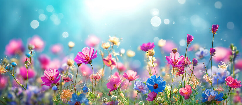 spring banner with inscription hello may with flowers, beginning of spring