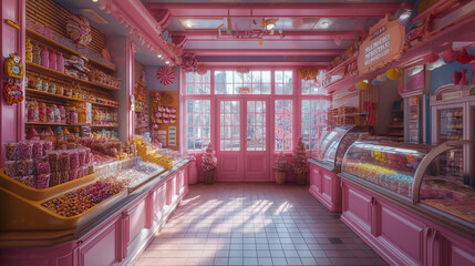 candy store with mint pink and white stripes and lots of candy