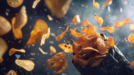 Potato chips bursting out of the bag.It represents freshness and deliciousness that is ready to eat.