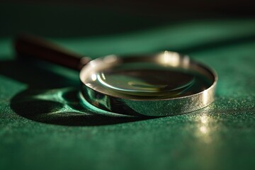 Magnifying glass on a green background. Glass loupe on a green background.
