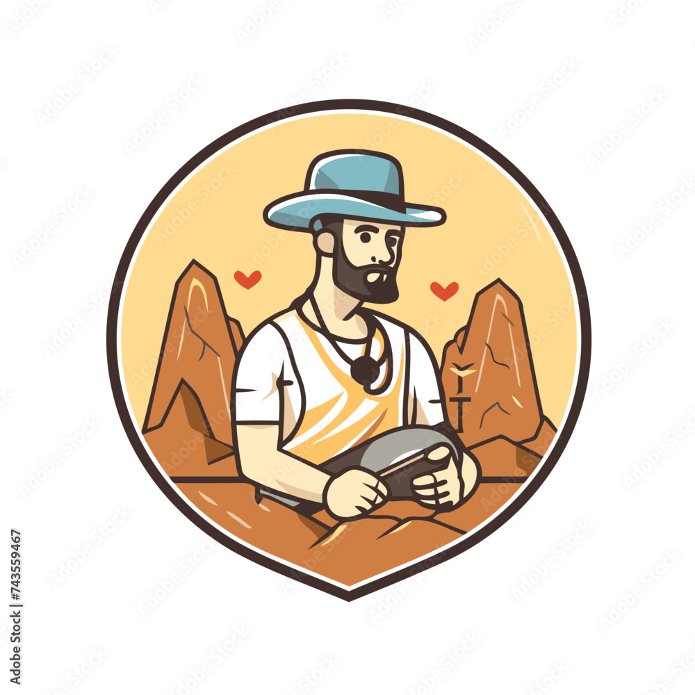 Sticker hipster man playing video game in the mountains. vector illustration