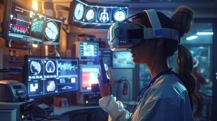 Fototapeta premium Scientist wearing a VR headset and interacting with virtual reality in the science lab