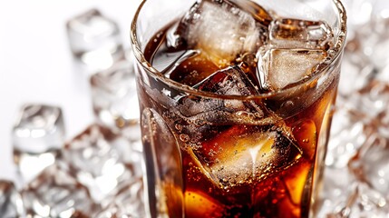 A refreshing glass of coke with ice on a white backdrop. - obrazy, fototapety, plakaty