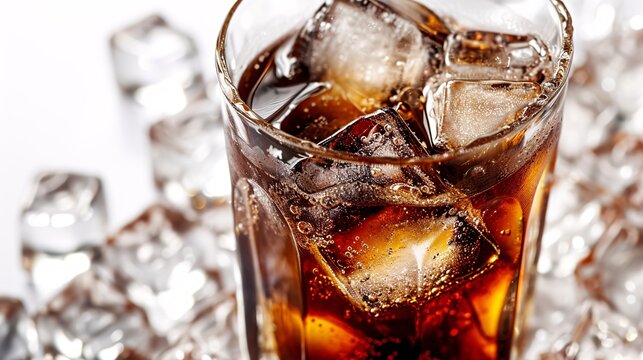 A refreshing glass of coke with ice on a white backdrop.