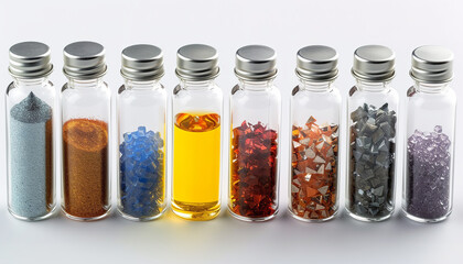 An array of vials - each with a piece of metal reacting uniquely to acid - exhibiting a range of colors and effervescence - symbolizing chemical diversity - wide format - Powered by Adobe