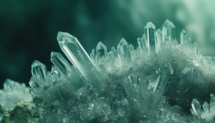 Intricate green chemical crystals grow in a controlled setting - captured through time-lapse - revealing the magic of chemistry over time - wide format