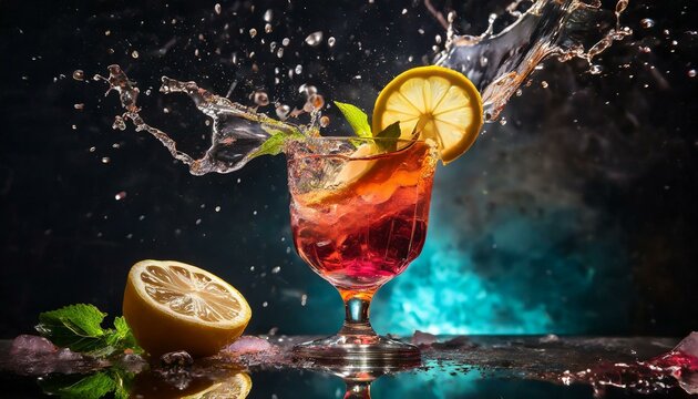 coctail in glass with splashes and lemon on dark background