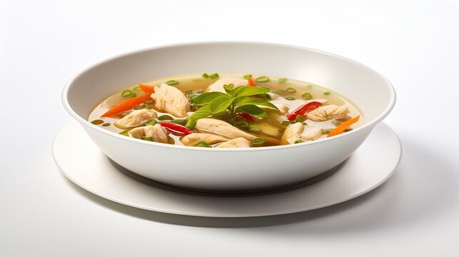 A mouthwatering image showcasing homemade chicken vegetable soup served in a white bowl, presented in a side view and thoughtfully isolated on a clean white background. 