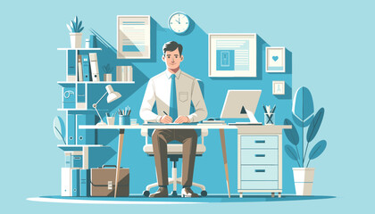 Concept vector illustration of businessman working in an office.
