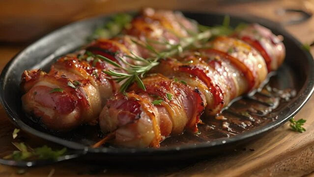 An irresistible plate of grilled bacon wrap with thin slices of bacon tightly wrapped around a succulent center and cooked over a hot grill for a crunchy exterior.